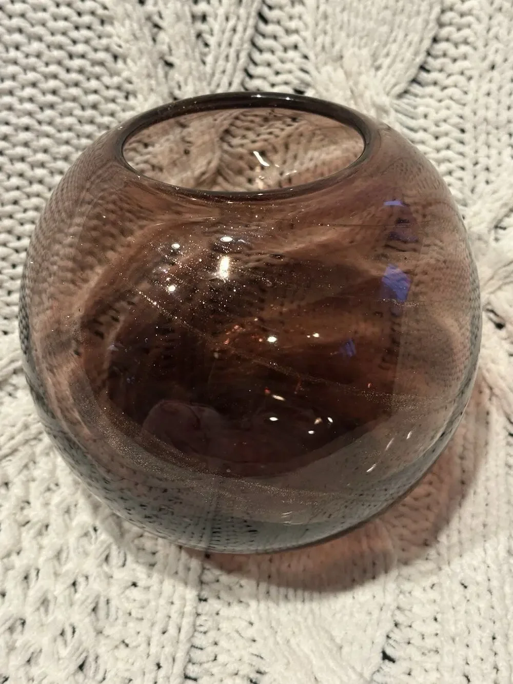 Hand blown Gold Infusion Purple Orb Sphere Globe Swirled Art Glass Vase 7” Retro